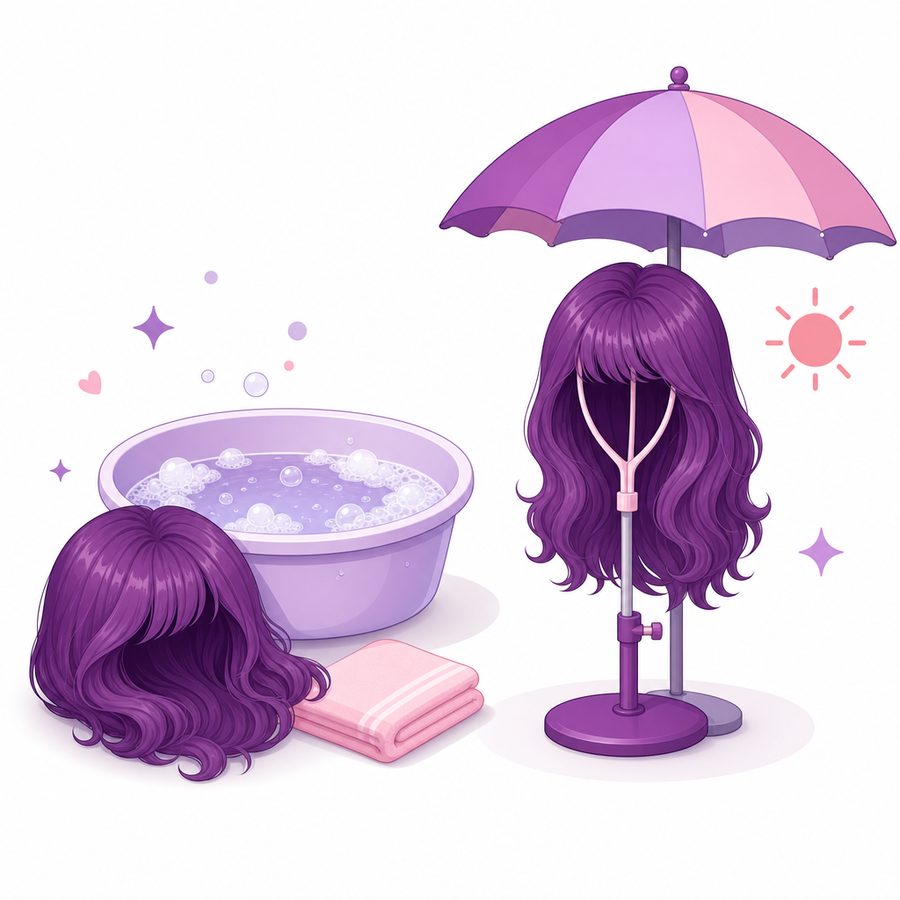 Gội tóc giả của búp bê riêng bằng dầu gội loãng và phơi khô trong bóng râm