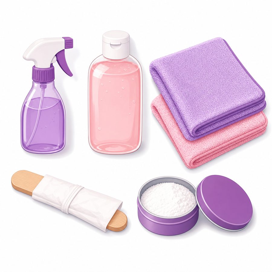 Bộ đồ nghề vệ sinh búp bê tình yêu: bình xịt, xà phòng dịu nhẹ, khăn microfiber, que thấm khô, bột bảo dưỡng