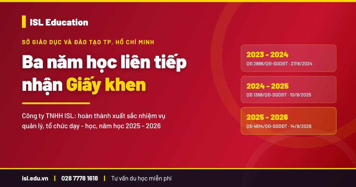 Thẻ tin ISL Education ba năm học liên tiếp nhận giấy khen của Giám đốc Sở Giáo dục và Đào tạo Thành phố Hồ Chí Minh