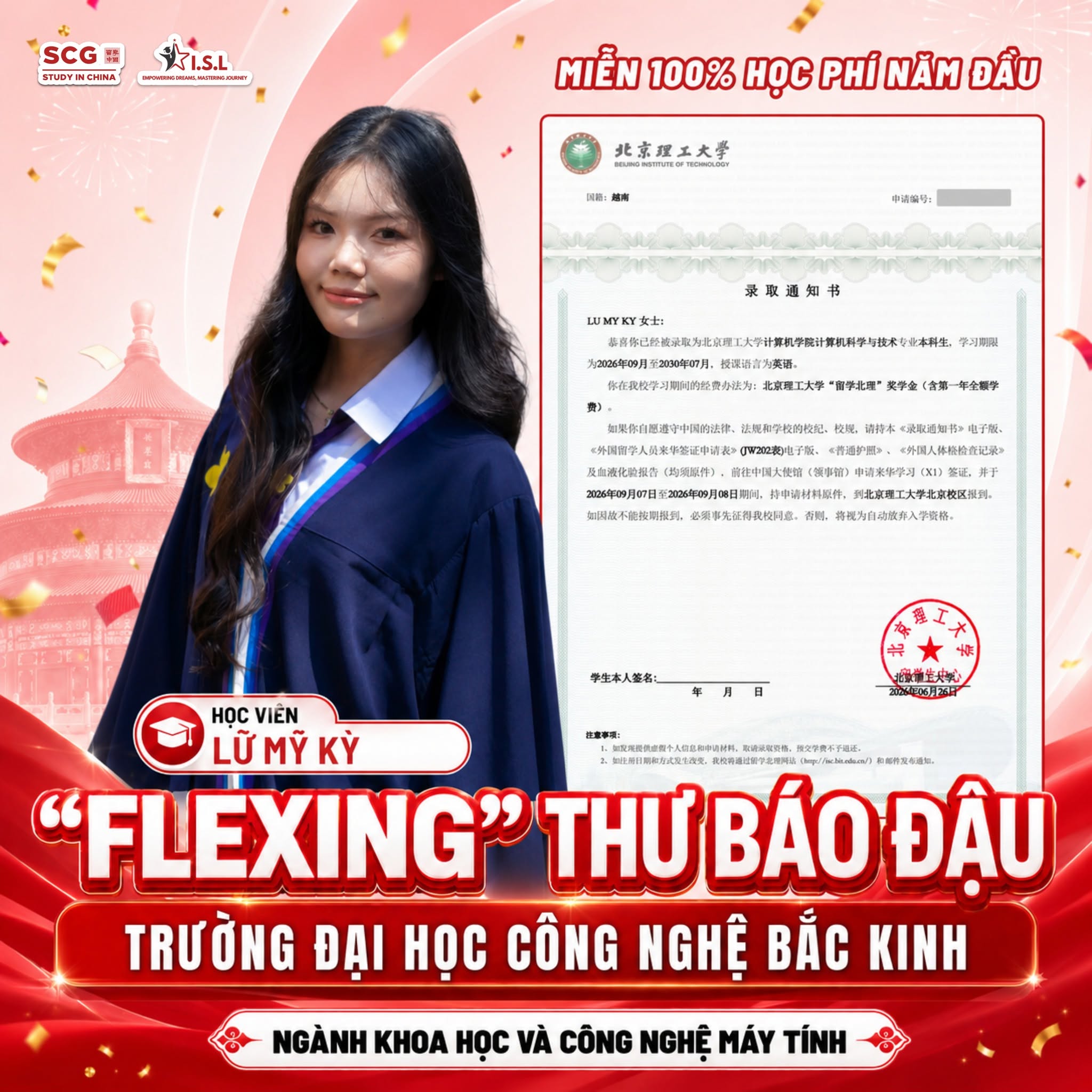 Thư báo đậu Lữ Mỹ Kỳ - Đại học Công nghệ Bắc Kinh BIT - ISL Education