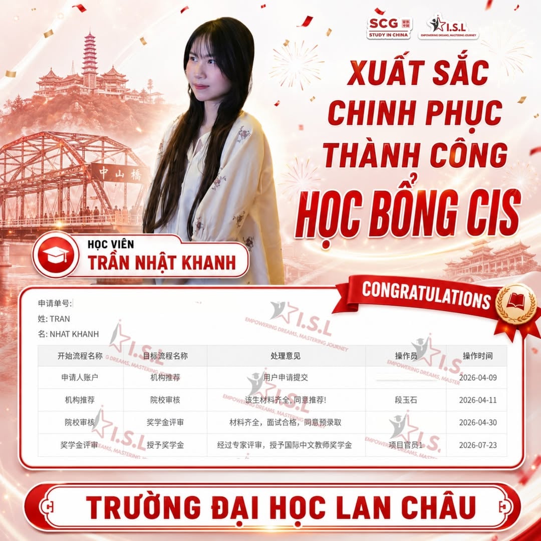Vinh danh học viên Trần Nhật Khanh nhận CIS tại Đại học Lan Châu - ISL Education