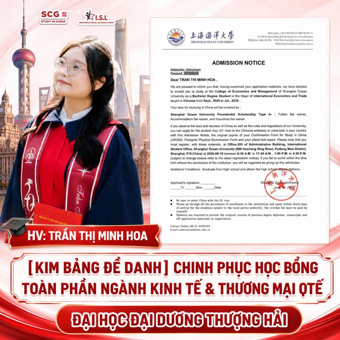 Trần Thị Minh Hoa đậu học bổng toàn phần Đại học Đại Dương Thượng Hải (Shanghai Ocean University) - ISL Education x SCG
