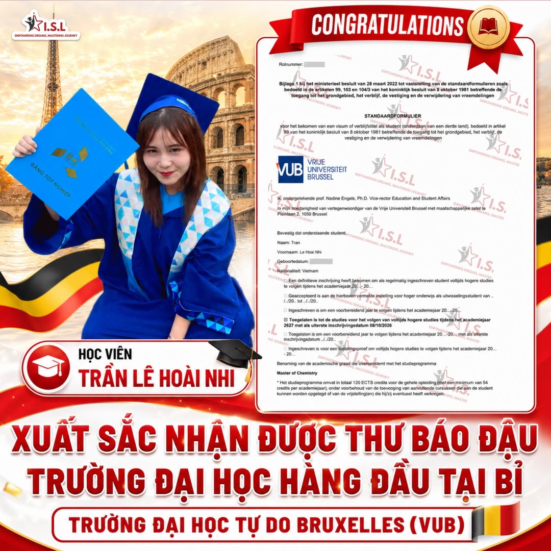 Thu bao dau Tu do Brussels VUB Bi - hoc vien Tran Le Hoai Nhi - ISL Education