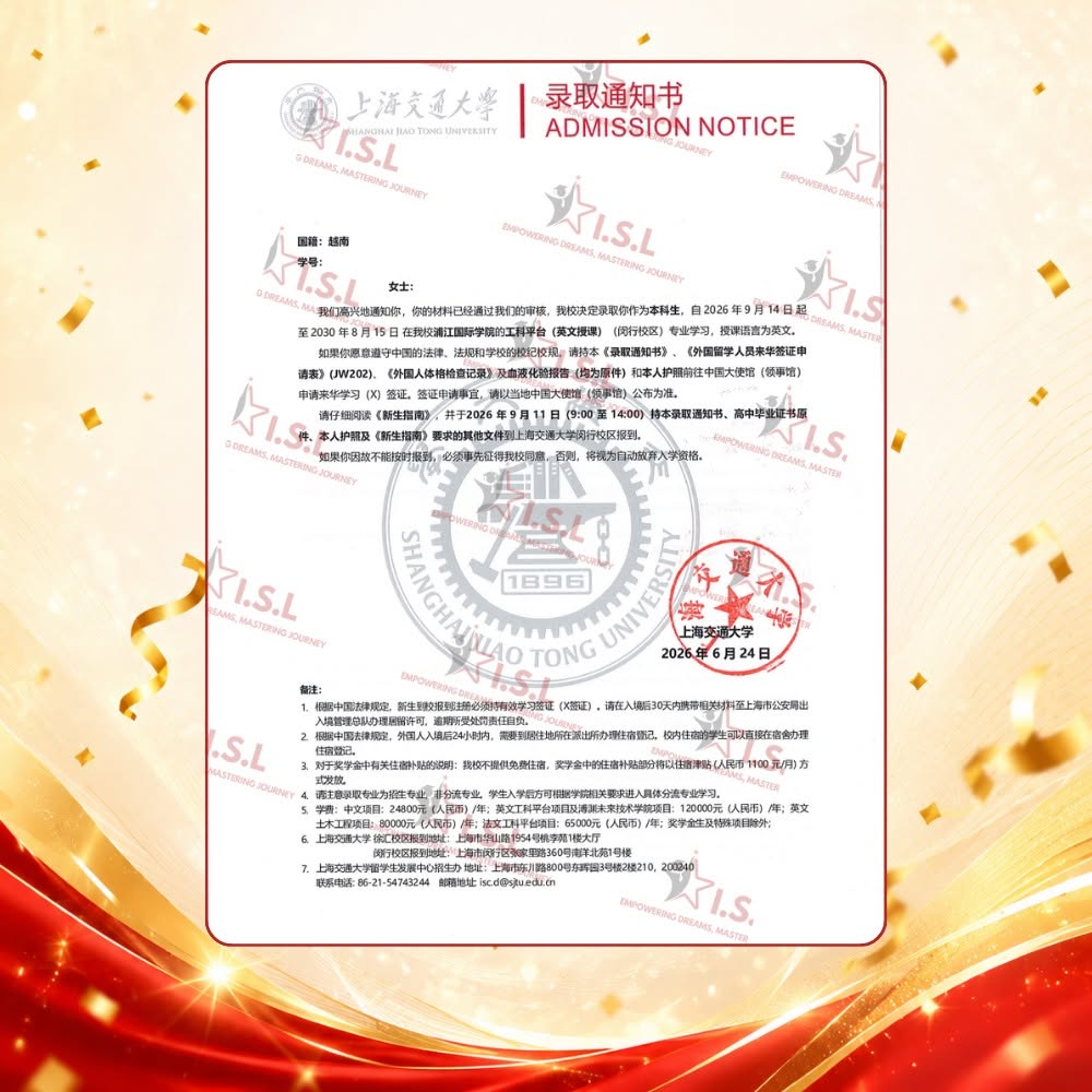 Học viên ISL trúng tuyển Đại học Giao thông Thượng Hải SJTU - ISL Education
