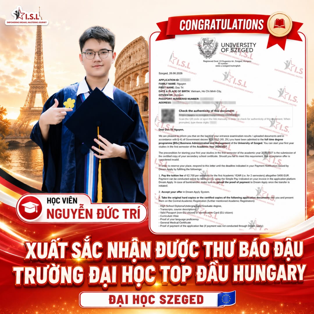 Thu bao dau Szeged Hungary - hoc vien Nguyen Duc Tri - ISL Education
