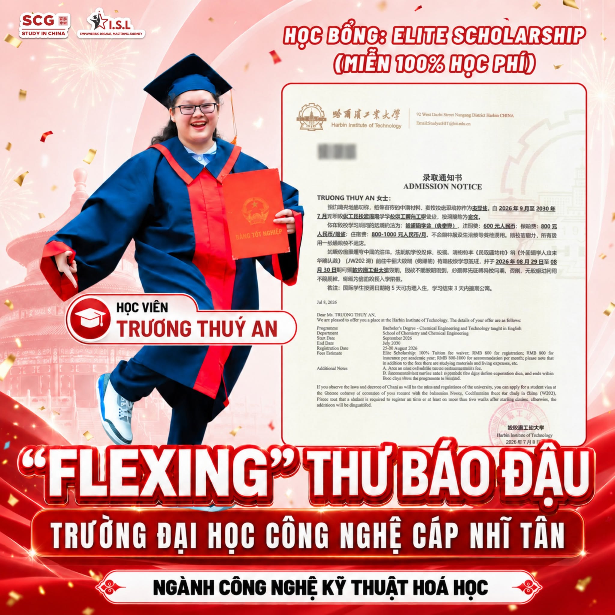 Thư báo đậu Trương Thuý An - Đại học Công nghệ Cáp Nhĩ Tân HIT - ISL Education