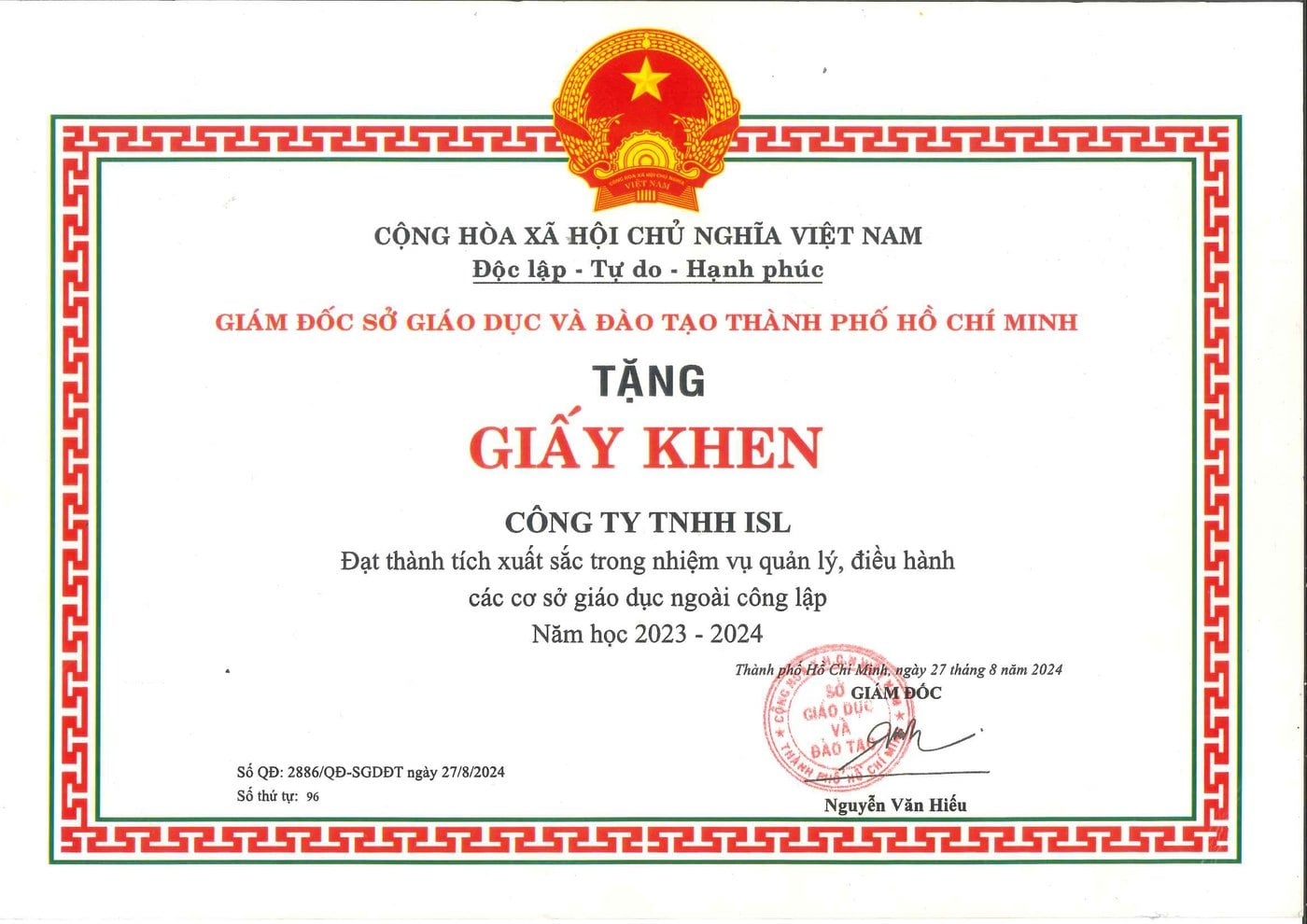 Văn bản khen thưởng năm học 2023 2024 tặng Công ty TNHH ISL theo Quyết định 2886