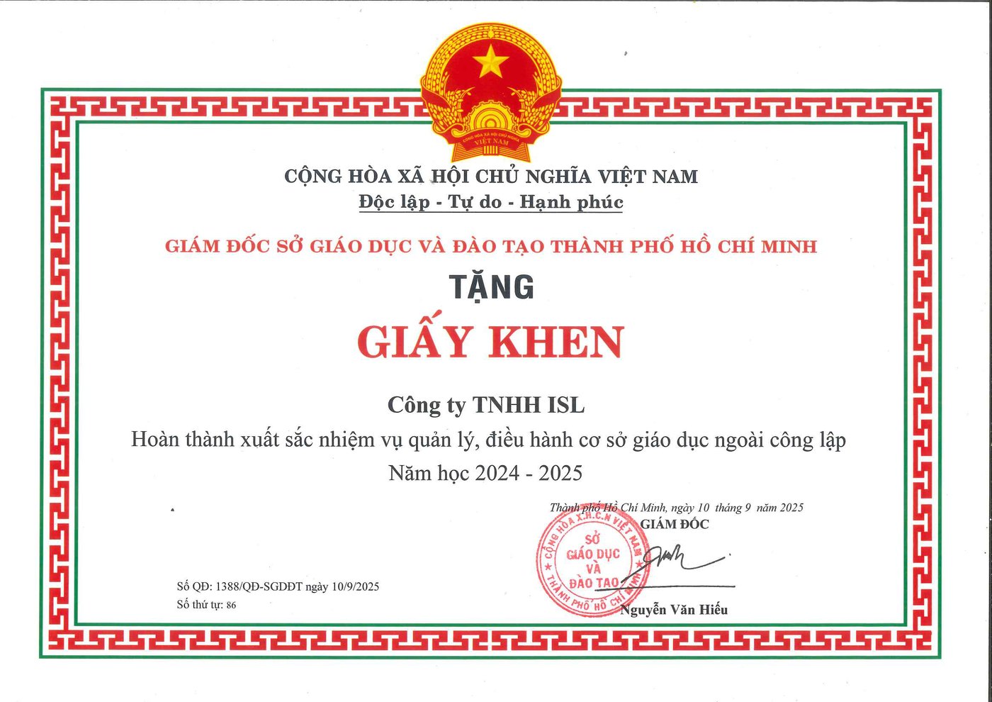 Văn bản khen thưởng năm học 2024 2025 tặng Công ty TNHH ISL theo Quyết định 1388