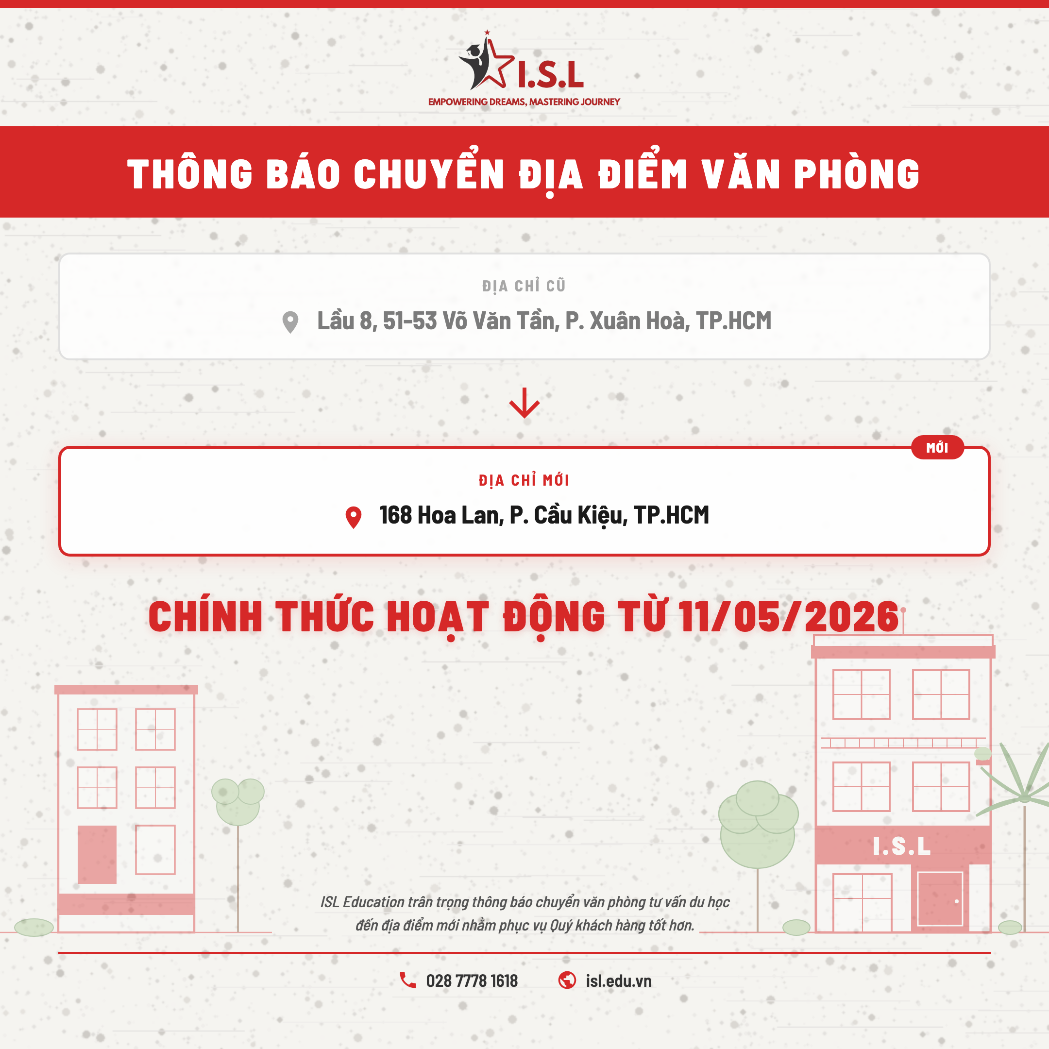 Thông báo chuyển địa điểm văn phòng ISL Education