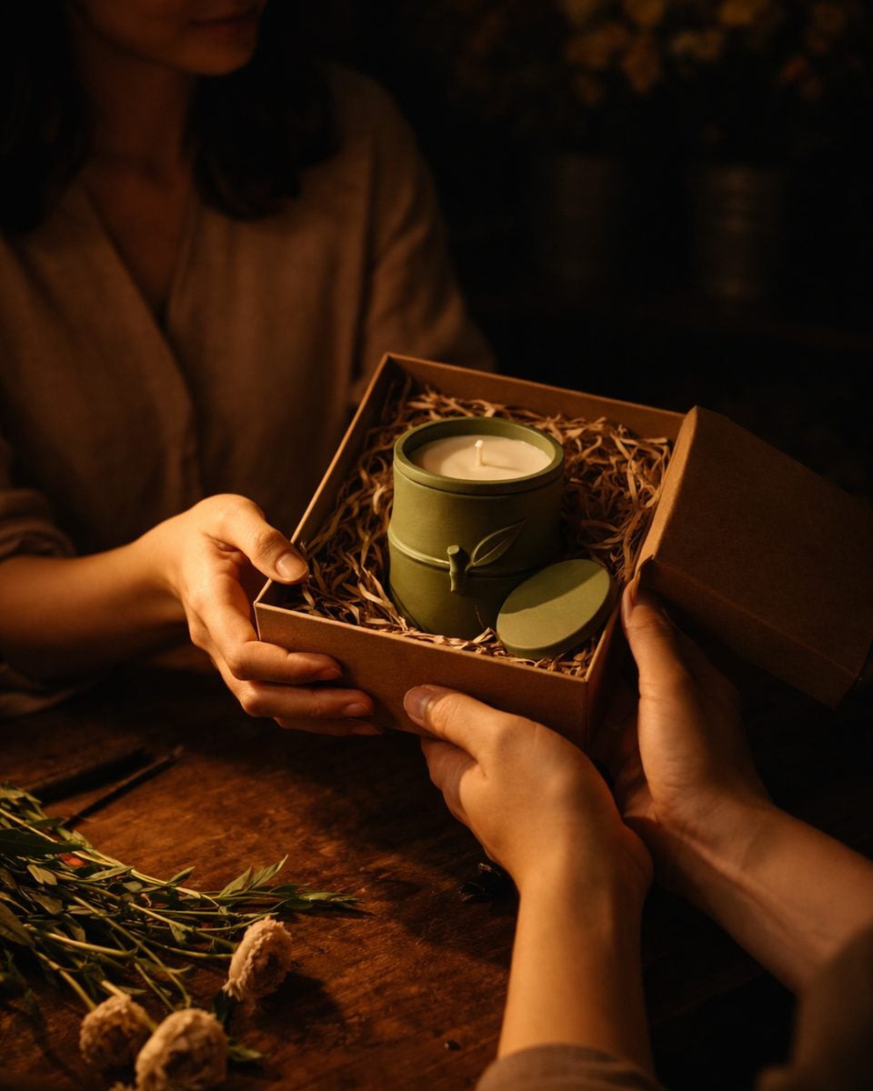 Chủ studio hoa trao hộp quà giấy kraft có cốc nến dáng tre cho người bạn, dưới ánh đèn bàn buổi tối