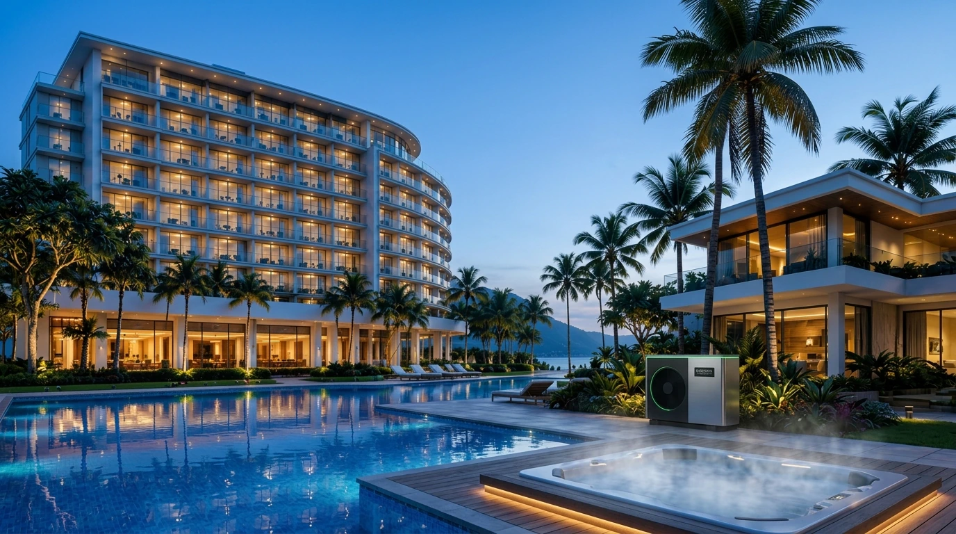 Bể bơi và bồn ngâm nước nóng công suất cao tại resort, khách sạn lớn dùng máy bơm nhiệt Kosovota