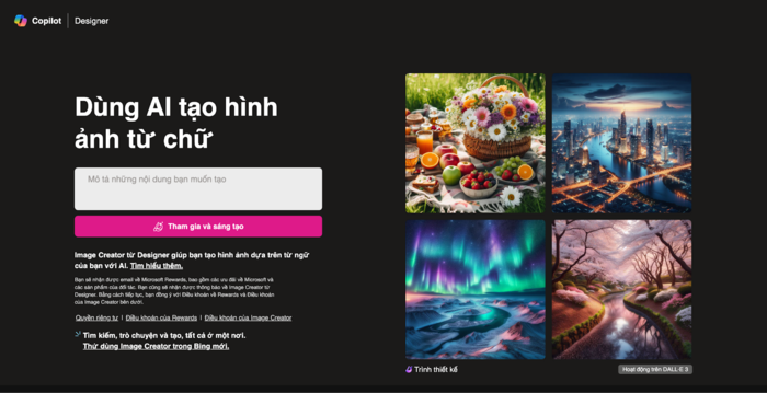 Trang chủ Bing AI với các công cụ hỗ trợ tạo nội dung