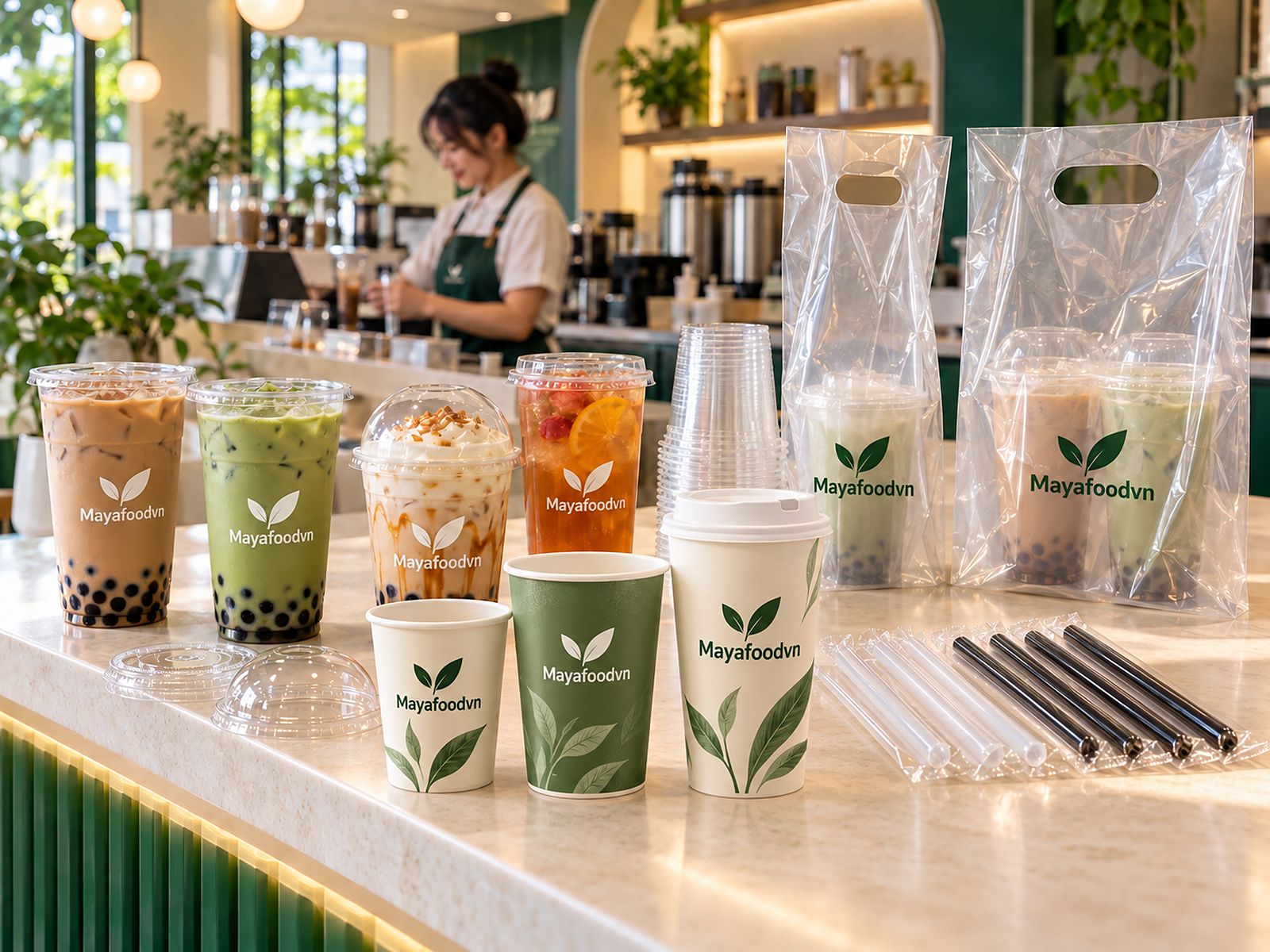 Bộ ly giấy, ly nhựa, túi in logo Mayafood cho quán cà phê