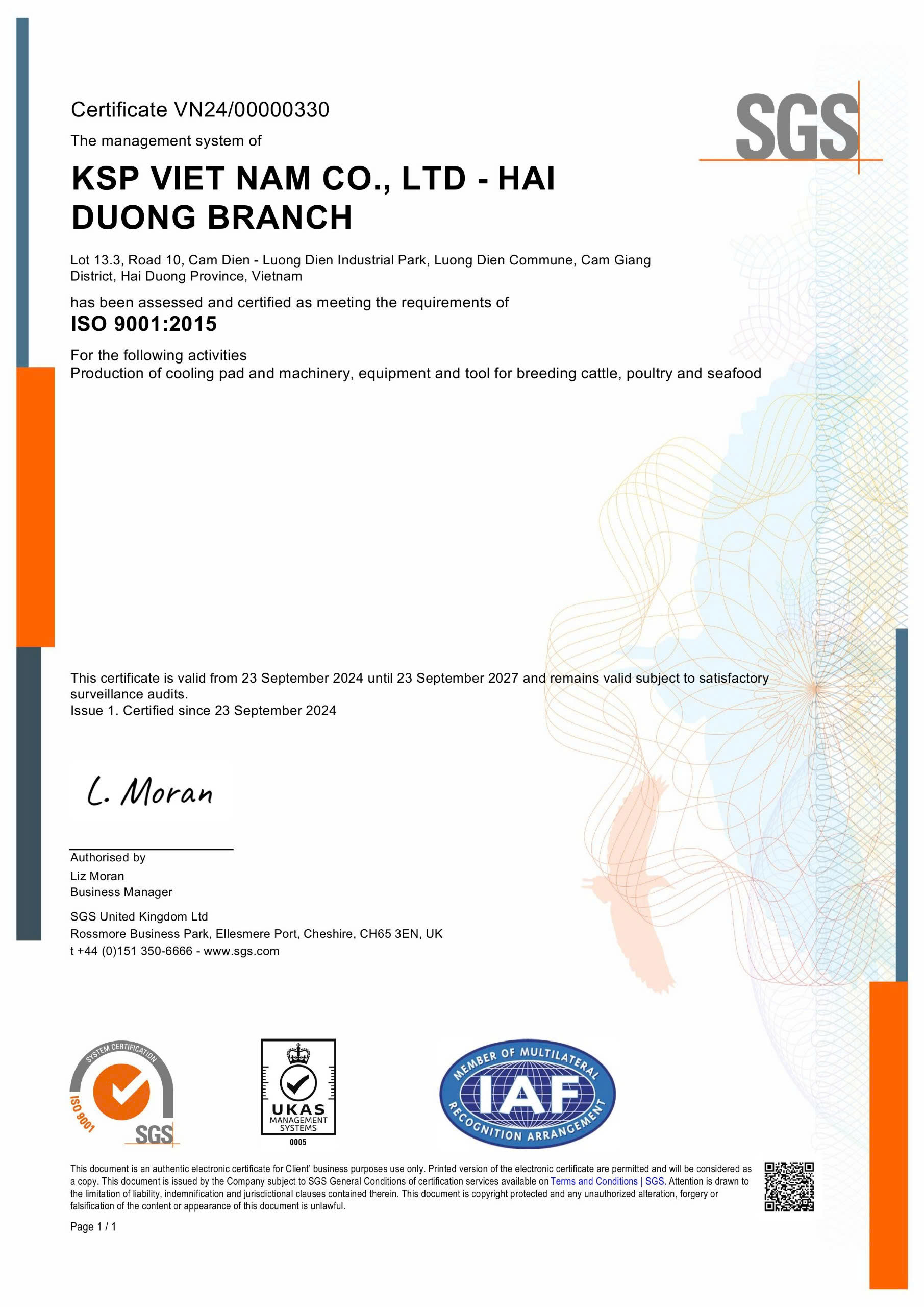 Chứng nhận ISO 9001:2015 KSP Vietnam