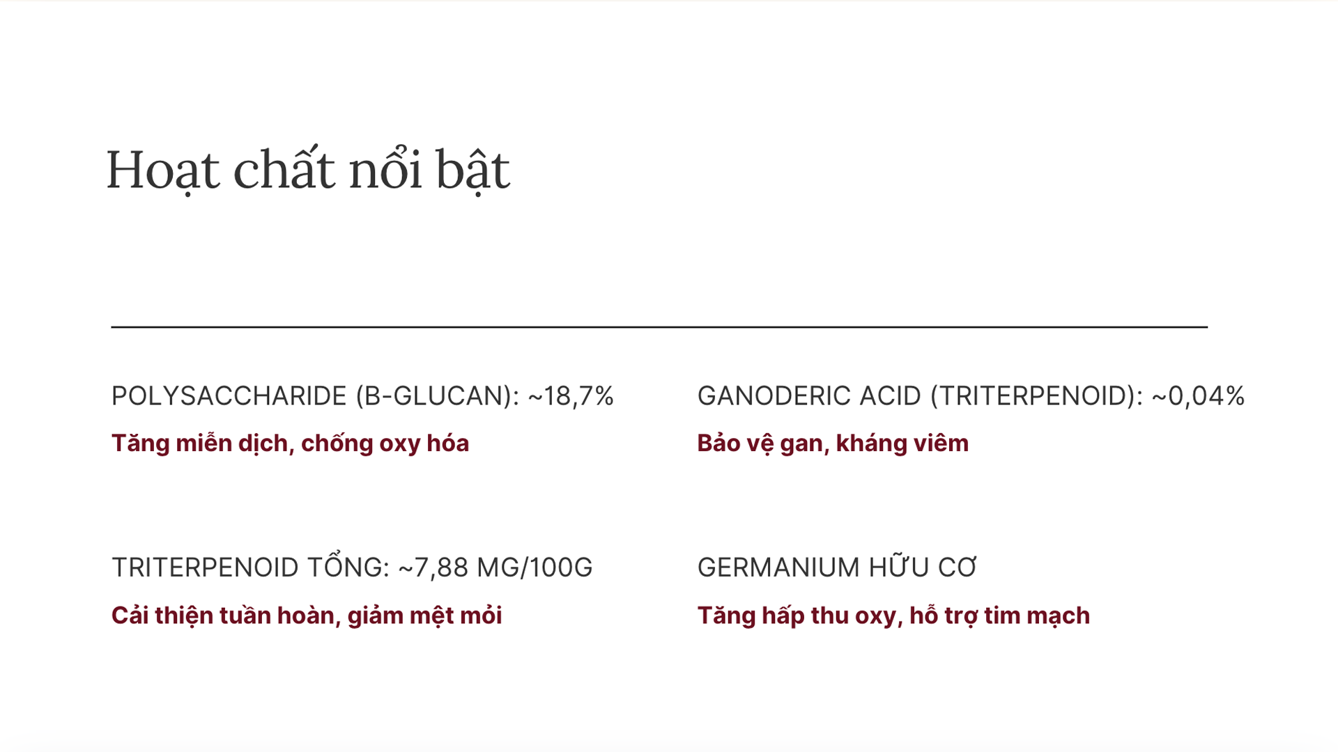 Hoạt chất nổi bật trong Nấm Linh Chi Đỏ Oxiva – Polysaccharide 18,7% tăng miễn dịch, Ganoderic Acid bảo vệ gan, Triterpenoid tổng 7,88mg/100g cải thiện tuần hoàn, Germanium hữu cơ tăng hấp thu oxy