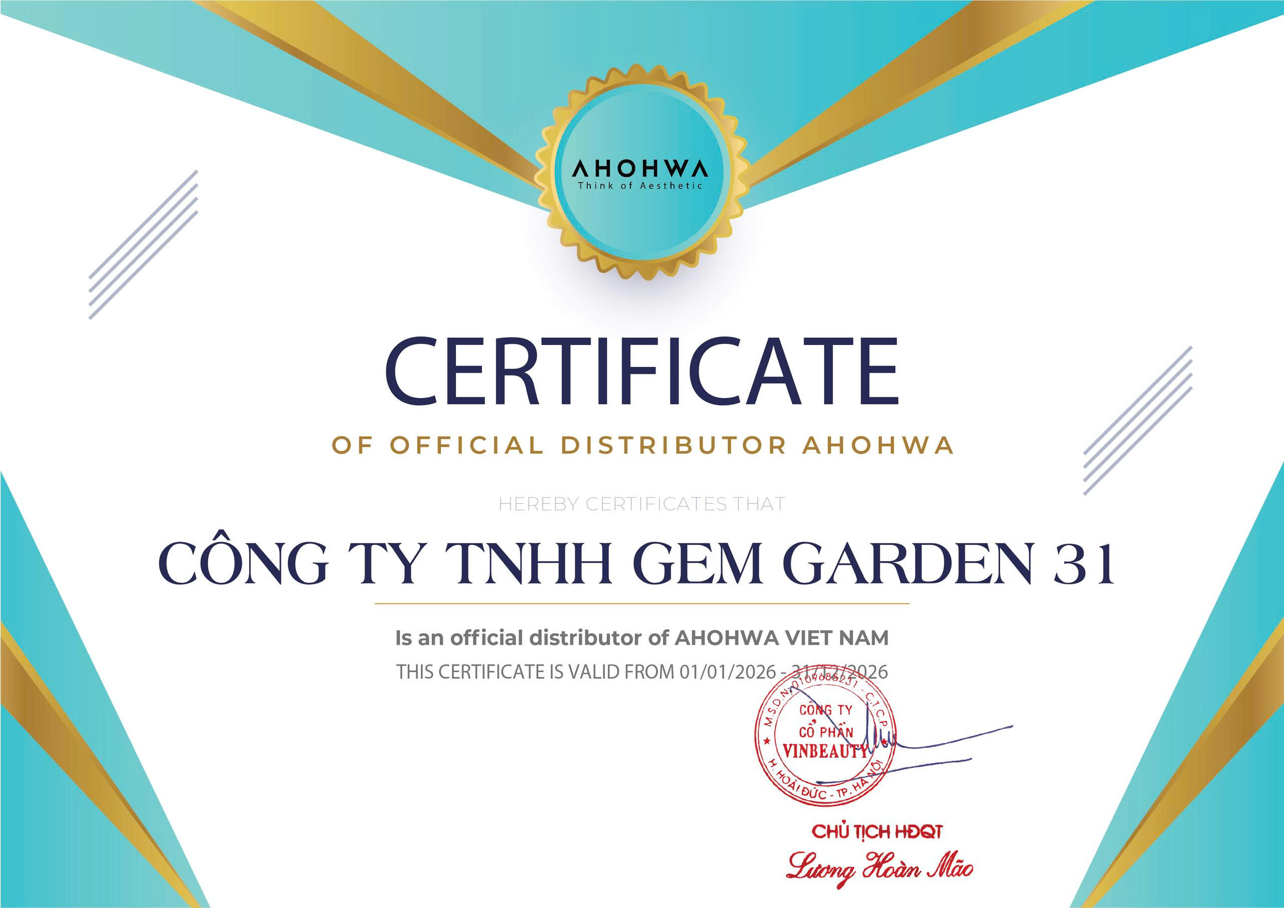 CHỨNG NHẬN ĐẠI LÝ CHÍNH THỨC CỦA AHOHWA VIỆT NAM