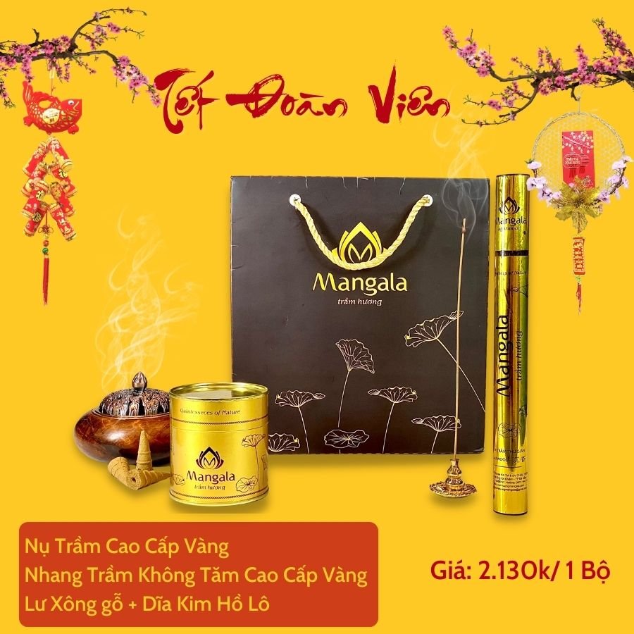 Bộ Quà Tặng Trầm Hương Tết Mangala Cao Cấp vàng có mùi hương đậm đà ấm áp, lưu hương sâu - Liên hệ: 0901 126119