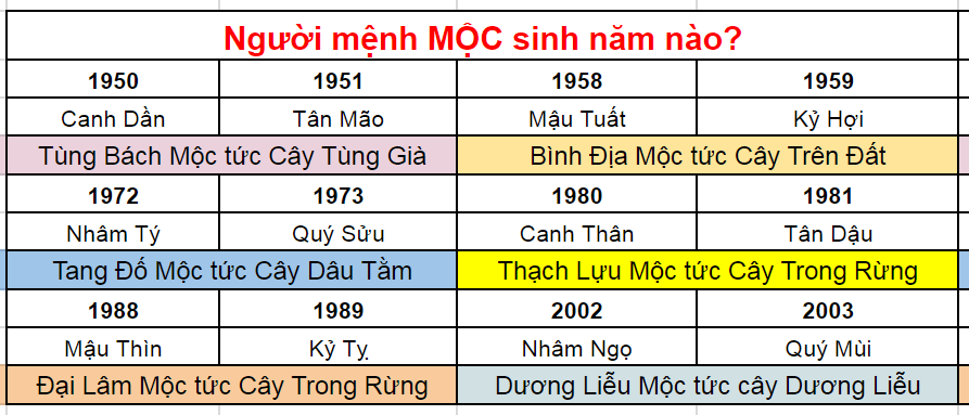 Người mệnh Mộc sinh năm nào