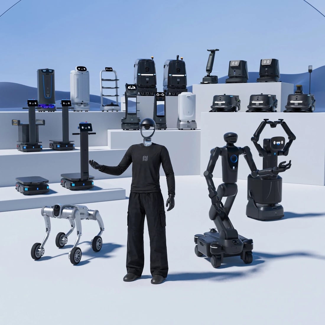 Hệ sinh thái robot PUDU — từ robot phục vụ, vệ sinh và vận chuyển đến các mẫu bán nhân hình & nhân hình theo kiến trúc “One Brain, Multiple Embodiments”.